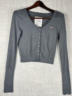 HOLLISTER Gray Cropped Cardigan Y2K Preppy Button Front Sweater L